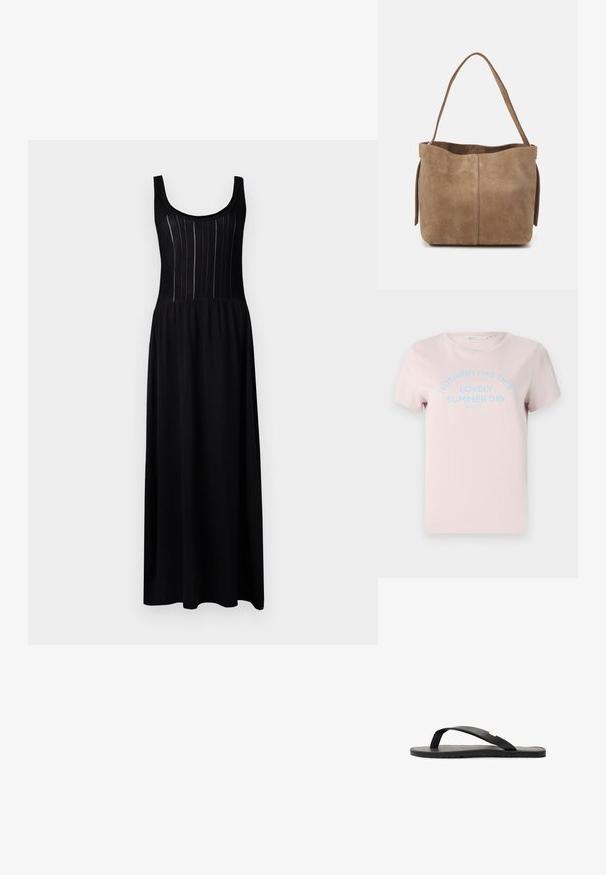 Lys rosa bomulds T-shirt med korte ærmer, rund halsudskæring og blå tekst, der står "IKKE NOGET SOM DENNE VIDUNDERLIGE SOMMERDAG."; Sort maxi kjole med en tætsiddende top, der har lodret ribbet tekstur og rund halsudskæring, som flyder ned i en løs underdel.; Sort flip-flop sandal med flad sål, tekstureret sort indersål, glatte stropper og en lille gul accent nær tåposten.; Brun ruskinds tote taske med en blød overflade, åben top og en enkelt skulderrem. Har en glat finish og minimal detaljer.