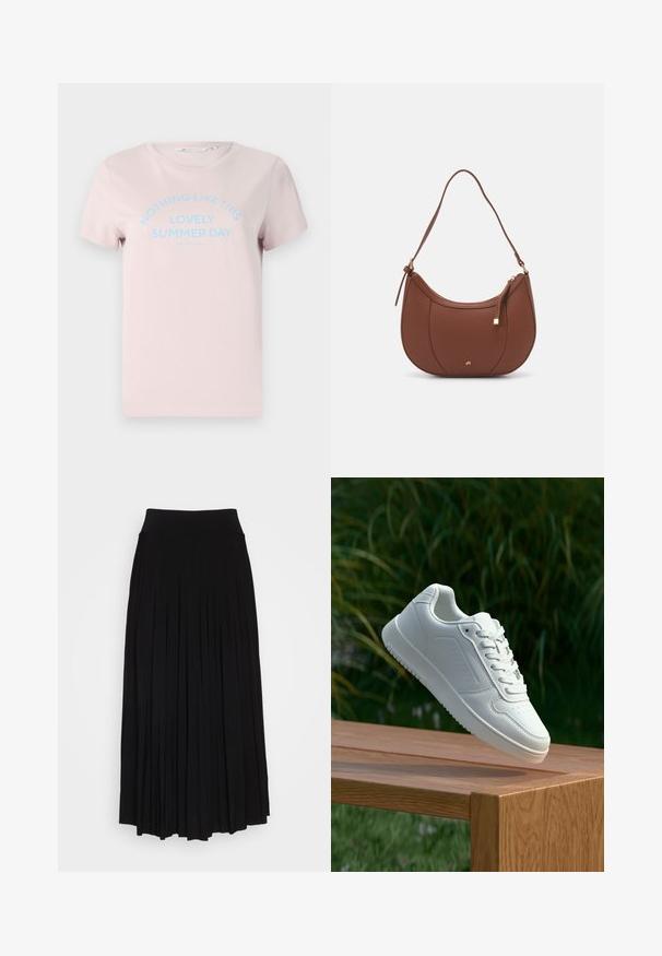 Világoskék pamut póló rövid ujjakkal, kerek nyakkivágással, és kék felirattal, amely így szól: "NINCSTŐL KIVÉVE EZ A CSODÁS NYÁRI NAP."; Fekete, redőzött szoknya magas, rugalmas derékrésszel. Puha anyagból készült, függőleges redőzéssel a légies sziluett érdekében.; Fehér sportcipő sima szintetikus felsőrésszel, perforált lábujjrész, lapos fűzőkkel és texturált talppal, fából készült felületen kihelyezve.; Barna műbőr válltáska ívelt formával, minimális varrással és arany színű kiegészítőkkel. Jellemzője a felső cipzáras záródás és állítható pánt.