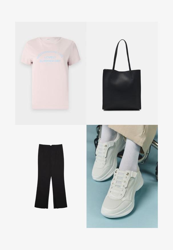 Lys rosa bomulds T-shirt med korte ærmer, rund halsudskæring og blå tekst, der står "IKKE NOGET SOM DENNE VIDUNDERLIGE SOMMERDAG."; Sorte bukser med lige pasform, der har frontlommer og slidser i kanten. Lavet af blødt, glat stof. Velegnet til forskellige anledninger.; Hvide sneakers med mesh-materiale, gummisål, snørebåndsfri design med elastiske bånd og guldtonede accenter.; Sort læder tote taske med glat tekstur, rektangulær form og to lange hanke. Ingen synlig hardware eller udsmykninger.