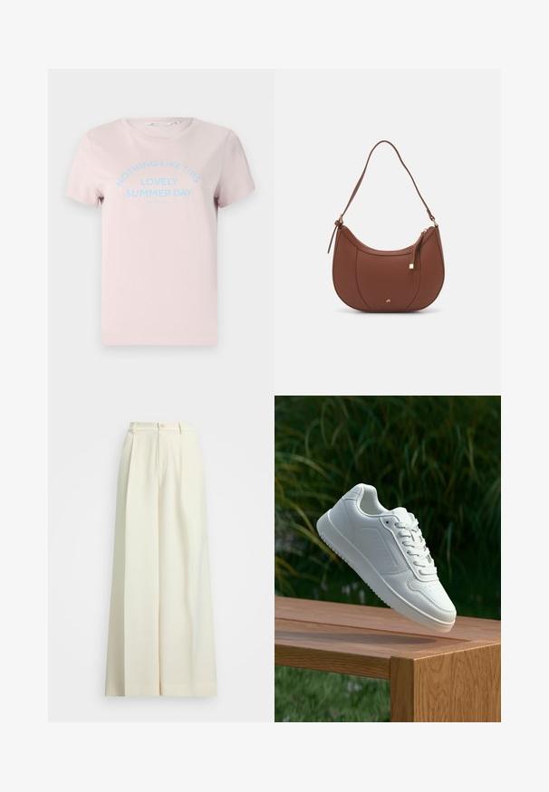 Lys rosa bomulds T-shirt med korte ærmer, rund halsudskæring og blå tekst, der står "IKKE NOGET SOM DENNE VIDUNDERLIGE SOMMERDAG."; Bredde benbukser i off-white stof, med høj talje, dobbelte plisseringer og knaplukning. Glat tekstur og skræddersyet design.; Hvid sneaker med en glat syntetisk overdel, perforeret tåboks, flade snørebånd og en tekstureret sål, præsenteret på en træoverflade.; Brun faux læder skuldertaske med buet form, minimal syning og en guldtonet hardwaredetalje. Har en top lynlåslukning og justerbar rem.