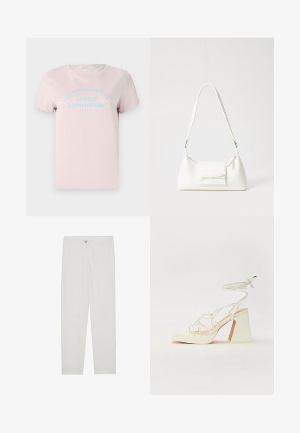 Lys rosa bomulds T-shirt med korte ærmer, rund halsudskæring og blå tekst, der står "IKKE NOGET SOM DENNE VIDUNDERLIGE SOMMERDAG."; Hvide, skrædderlavede bukser med lige ben design, udstyret med knaplukning, bæltesløjfer og sidelommer; glat stoftekstur.; Hvide højhælede sandaler med en kraftig hæl, der har et stropdesign og ankelbinding. Glat tekstur med en platform foran for ekstra højde.; Hvid syntetisk håndtaske med en trekantet form, flad forsideklap og sløjfedetalje, justerbar strop, glat tekstur og minimalistisk design.
