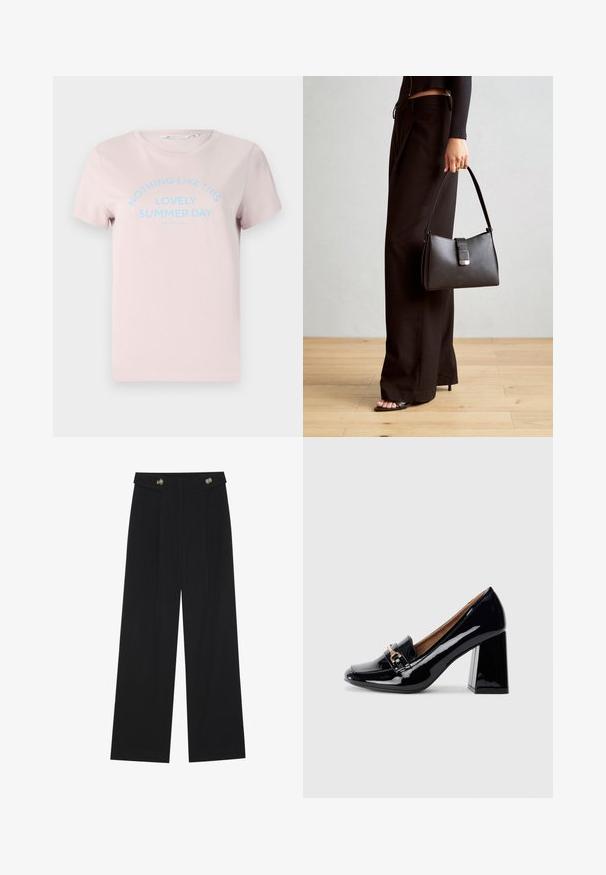 Lys rosa bomull T-skjorte med korte ermer, rund hals og blå tekst som sier "INGEN SOM DENNE DEILIGE SOMMERDAGEN."; Svart vide bukser med høy midje, knappdetaljer på midjebåndet og frontplisser.; Sorte lakkert høyhælte sko med spiss tå og blokkhelt. Har en dekorativ stropp og spenne detajler på vampen.; Svart håndveske med strukturert form, jevn tekstur og metallisk lås. Kombinert med brede svarte bukser og sandaler med åpen tå på tregulv.