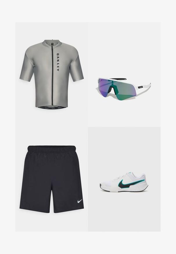 Īsām piedurkņu velosipēdu krekliņš gludā pelēkā audumā ar priekšējo rāvējslēdzēju, kurā ir melns "OAKLEY" logo un piegriezums.; Melnas sporta šorti, izgatavoti no viegla materiāla, ar elastīgu jostu. Uz apakšējā kreisā stūra ir neliels balts Nike logo.; Baltas sporta apavu modelis ar teksturētu sieta augšdaļu, melnu gumijas zoli un tīkkoka Nike swoosh akcentu. Ar pīkstienēm un mīkstu apkaklīti.; Sporta saulesbrilles ar baltu rāmi un lielām gradienta lēcām, kas ir purpursarkanas un zaļas; asu stūrainu dizainu ar centrālu deguna tiltu.