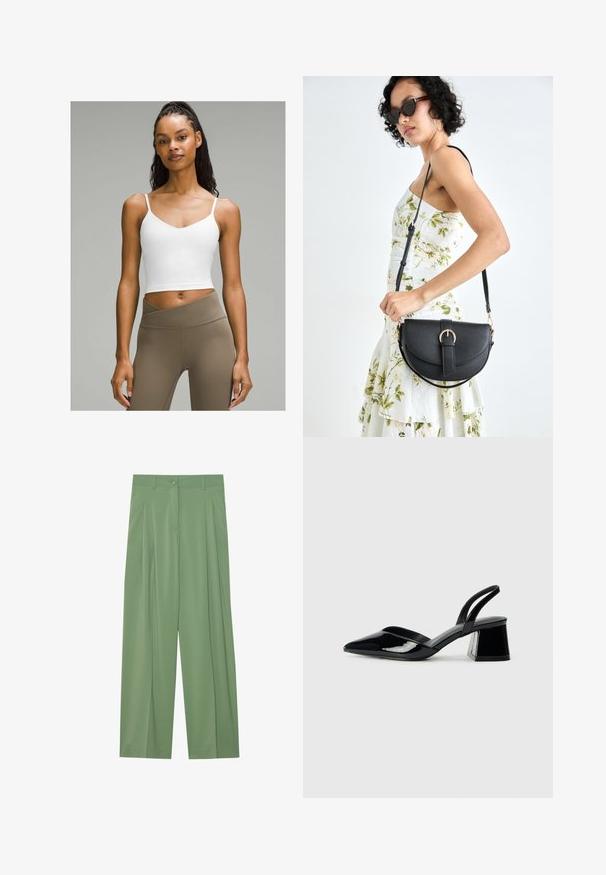 Balta trumpa tankų palaidinė su plonomis petnešomis, turinti V formos iškirptę. Derinama su aukštu liemeniu, šviesiai rudomis legging'ais. Lygus audinio paviršius.; Žali plačiai kirpti kelnių, pagamintų iš lygaus audinio. Priekyje yra klostės, viena mygtuko uždarymo sistema ir dirželių kilpos.; Juodos lakuotos odinės šlepetės su smailiu pirštu ir geometriniu bloko kulnu. Turi elegantišką, minimalistinį dizainą ir lygų paviršių.; Juodas odinis krepšys su išlenkta forma, nuimamu dirželiu ir auksiniais detalėmis. Krepšys turi kilpą su sagtimi.