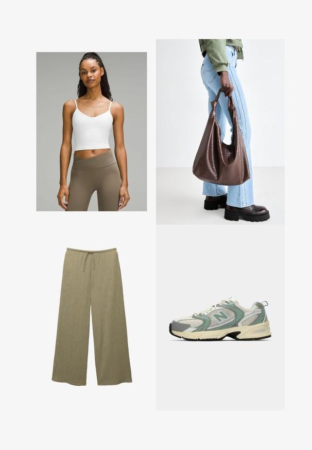 White cropped tank top with thin straps, featuring a v-neckline. Paired with high-waisted, light brown leggings. Smooth fabric texture.; Light green wide-leg trousers with a textured ribbed fabric, featuring an elastic waistband and drawstring detail for adjustable fit.; White and light green New Balance athletic sneaker with mesh fabric, beige sole, and black tread, shown from the side on a plain background.; Brown woven leather tote bag with knotted handles, carried by a person in light blue jeans and black chunky shoes. Smooth, textured surface.