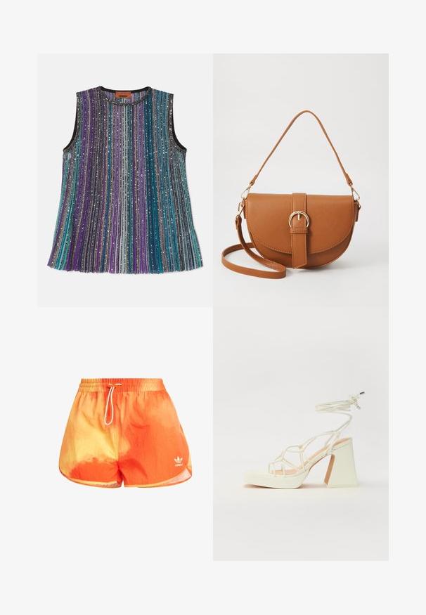 Missoni TANK - Top - dark tones multicolor; Orangen- und gelbverlaufende Badehosen mit einem Kordelzugbund, gefertigt aus leichtem Stoff. Verfügt über dezente Markenkennzeichnung am linken Bein.; Weiße High-Heel-Sandale mit einem klobigen Absatz, die über ein Riemchendesign und ein Knöchelband verfügt. Glatte Textur mit einer Plattform vorne für zusätzliche Höhe.; Braune Leder-Crossbody-Tasche mit geschwungener Form, goldfarbenen Beschlägen und einer Schnallenakzentuierung. Verfügt über einen abnehmbaren Schultergurt.