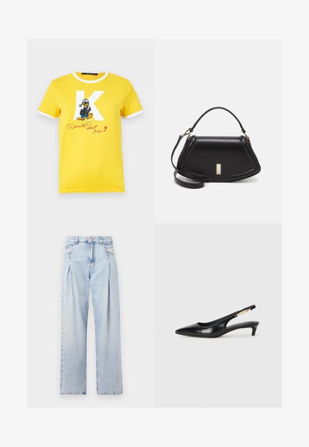 Yellow cotton t-shirt with white collar and sleeves. Features a large white 'K' and Donald Duck graphic with "Donald Duck" text in red.; Light blue denim jeans with a high waist, wide-leg cut, two side pockets, and pleated design feature. Soft texture with a faded finish.; Black leather slingback heels with a pointed toe, featuring a slim heel and a gold-tone accent on the adjustable strap. Smooth texture.; Black leather handbag with a structured design, featuring a cropped shape, top handle, and gold hardware accent. Adjustable shoulder strap included.