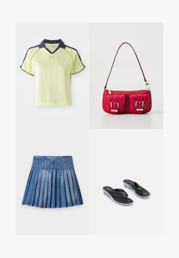 Żółta koszulka polo z granatowym kołnierzykiem, pionowymi paskami i żółtymi akcentami. Posiada krótkie rękawy i dekolt w kształcie litery V. Logo Puma na piersi.; Jeansowa spódnica plisowana z dopasowaną talią, z pionowymi plisami w średnim odcieniu niebieskiego i kontrastowym detalem ściegów.; Czarne i niebieskie klapki Puma z niskimi obcasami blokowymi i paskami w kształcie litery V na białym tle.; Czerwana skórzana torba z dwoma przednimi kieszeniami, złotymi elementami i zapięciem na zamek błyskawiczny. Posiada zakrzywiony pasek na ramię oraz textured wykończenie.
