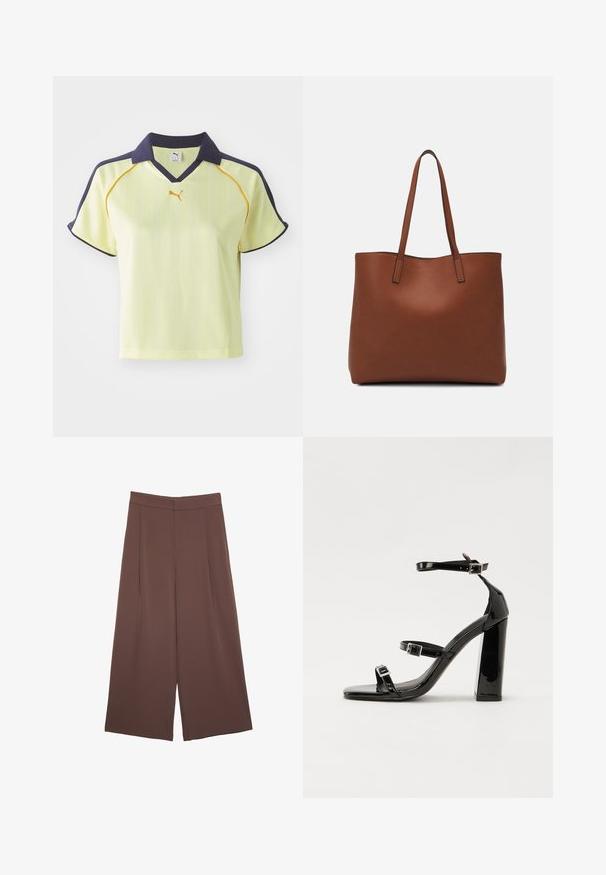Żółta koszulka polo z granatowym kołnierzykiem, pionowymi paskami i żółtymi akcentami. Posiada krótkie rękawy i dekolt w kształcie litery V. Logo Puma na piersi.; Brązowe spodnie o szerokich nogawkach z gładką fakturą, z wysokim stanem i plisami z przodu. Materiał jest lekki i luźno opada.; Czarne lakierowane sandały na obcasie z kwadratowym noskiem, z paskami wokół kostki i srebrnymi klamrami. Posiadają masywny słupek dla stabilności.; Brązowa skórzana torba tote o gładkiej fakturze, z otwartym wierzchem i dwoma ramiączkami. Charakteryzuje się minimalnym przeszyciem i brakiem widocznych elementów metalowych.