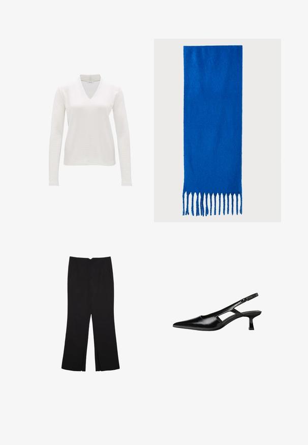 Top bianco a maniche lunghe con scollatura a V in tessuto testurizzato. Design semplice, materiale leggero e leggermente elasticizzato con una vestibilità rilassata.; Pantaloni neri a gamba dritta, con tasche frontali e spacchi laterali all'orlo. Realizzati in tessuto morbido e liscio. Adatti a diverse occasioni.; Tacchi slingback in pelle verniciata nera con punta affusolata, design con tagli laterali e tacco quadrato piccolo. Texture liscia con dettagli minimi.; Sciarpa blu con frange, realizzata in tessuto morbido; presenta un colore uniforme con una superficie testurizzata e frange tagliate in modo uniforme nella parte inferiore.; Borsa a tracolla in pelle nera con design strutturato, manico superiore e dettaglio in metallo dorato sulla parte frontale. Texture liscia, cuciture minime.