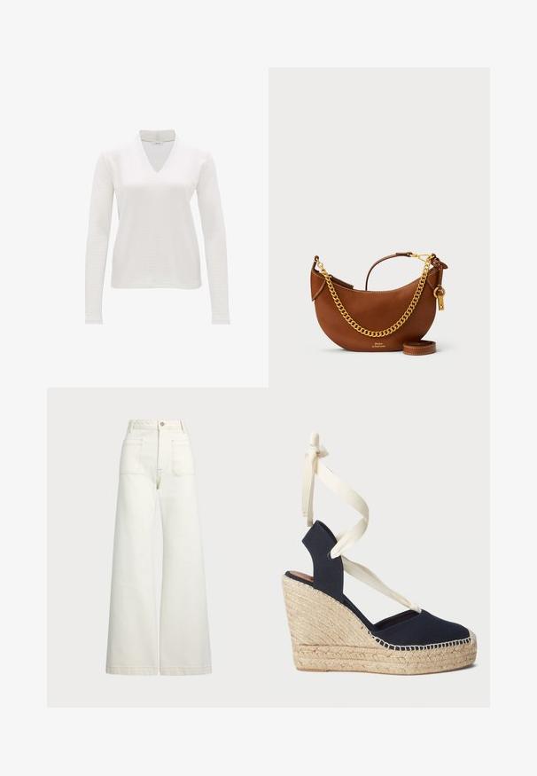 Weißes, langärmliges V-Ausschnitt-Oberteil aus einem strukturierten Stoff. Einfaches Design, leicht und aus einem leicht dehnbaren Material mit lockerer Passform.; Weite Jeans aus off-white Denim. Hoch tailliertes Design mit Knopfverschluss, zwei Fronttaschen und kontrastierenden Stickdetails.; Navy Canvas Wedge-Sandale mit einer Espadrille-Seilsohle und cremefarbenen Schleifenbändern am Knöchel. Geschlossener Fersen- und runder Zehenbereich.; Braune Lederhandtasche mit geschwungenem Design, goldener Kettenriemen, Innentasche und abnehmbarem Schulterriemen. Mit kontrastierenden Nähten.