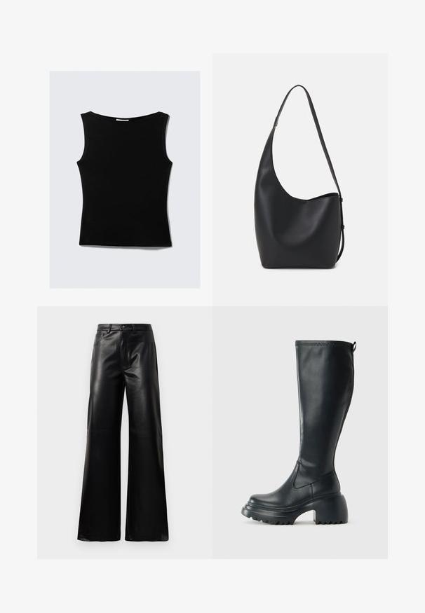 Schwarzes ärmelloses Oberteil mit rundem Ausschnitt, aus glattem, elastischem Material gefertigt. Hat eine taillierte Silhouette und ein klares, schlichtes Design.; Schwarze leichte, weit geschnittene, hochtaillierte Kunstlederhose mit vorderem Knopf, Reißverschluss, Gürtelschlaufen und Seitentaschen auf weißem Hintergrund.; Hoher schwarzer Lederstiefel mit einer robusten Plateausohle und Blockabsatz, der über eine Zuglasche und ein strukturiertes Profil an der Außensohle verfügt.; Schwarze Leder-Hobo-Tasche mit einer glatten Textur, geschwungener Form und einem einzelnen verstellbaren Tragegurt; verfügt über eine weite Öffnung am oberen Ende.