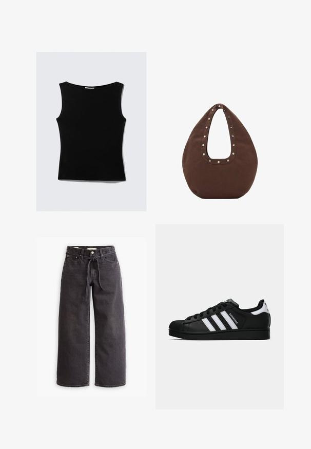 Sort ærmeløs top med rund halsudskæring, lavet af et glat, strækbart stof. Har en tætsiddende silhuet og et rent, simpelt design.; Sorte vide ben jeans lavet af denim, med snørre i taljen, fem lommer og detaljer med kontrastsyninger. Flad frontdesign.; Sort Adidas Superstar sneaker med hvide striber, skaletå og "Superstar"-tekst på siden, vist i sideprofil på hvid baggrund.; Brun tote taske med en buet form, udstyret med et stort udsnit håndtag dekoreret med sølvnitter langs kanten. Fremstillet af blødt stof.