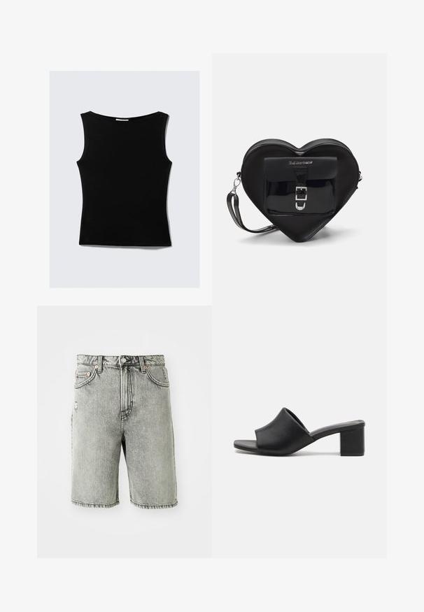 Black sleeveless top with a rounded neckline, made from a smooth, stretchy fabric. Features a fitted silhouette and clean, simple design.; Gray denim shorts featuring a classic five-pocket design, a faded finish, and stitched detailing at the hem and waistband.; Black leather block-heeled mules with an open toe, featuring a smooth surface and slightly curved upper for comfort and style.; Black heart-shaped bag made of patent leather with a front pocket featuring a buckle closure and a detachable strap. Silver hardware accents.