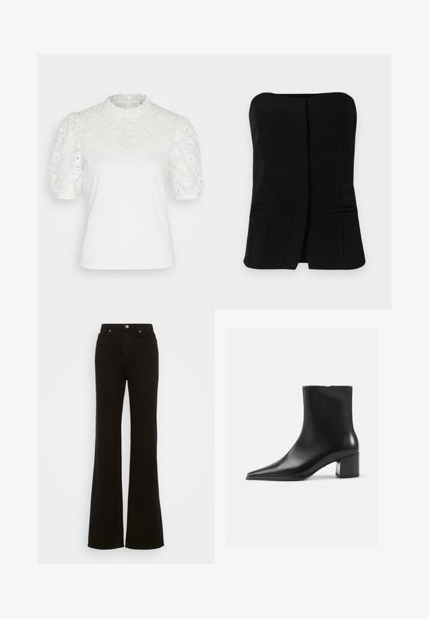 Valkoinen lyhythihainen toppi, jossa on pitsi-yoke ja pörröiset hihat, kaarrellut kaula-aukko sekä pyöreät silmukkakuviot hihoissa.; Musta, hihaton toppi suoran pääntien, etupaneelin ja kahden piilotetun sivutaskun kanssa. Sileä kangas ja muotonsa mukainen malli.; Korkeavyötäröiset mustat leveälahkeiset farkut, jotka on valmistettu denimistä. Farkuissa on nappikiinnitys, sivutaskut ja sileä pinta.; Musta nahkainen nilkkabotti, jossa on terävä kärki, sileä pinta ja keskikokoinen tukijalka. Minimalistinen muotoilu, vetoketjusuljin takana.