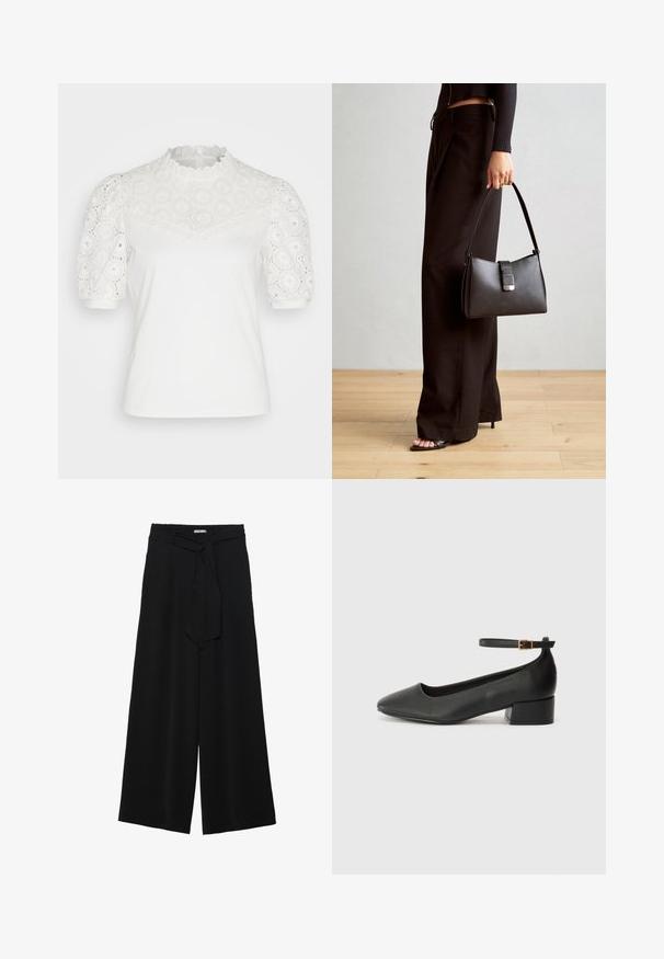 Hvit kortermet topp med spiss lace yoke og puffede ermer, med bølget halsutskjæring og sirkulære hullmønstre på ermene.; Svart vide bukser med teksturert stoff, elastisk midje og avtagbart belte som gir justerbar passform.; Sorte skinnpumper med spiss tå og lav blokkhelt. Har ankelrem med gullfarget spenne. Glatt tekstur.; Svart håndveske med strukturert form, jevn tekstur og metallisk lås. Kombinert med brede svarte bukser og sandaler med åpen tå på tregulv.