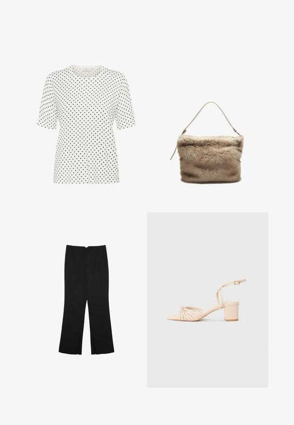 Witte t-shirt met korte mouwen en een ronde halslijn, versierd met een patroon van kleine zwarte stippen. Zachte stof met een relaxte pasvorm.; Zwarte broek met een rechte pasvorm, voorzien van zijzakken en plooien aan de onderzijde. Gemaakt van zachte, gladde stof. Geschikt voor verschillende gelegenheden.; Beige sandaal met hakken, met een vierkante neus, gedraaide voorkant, enkelband en blokhak. Gladde textuur, minimalistische stijl.; Nepbont handtas in lichtbeige met een zachte, gestructureerde oppervlakte. Bevat een enkele dunne schouderband en heeft een rechthoekige vorm met een pl fluffy bovenrand.