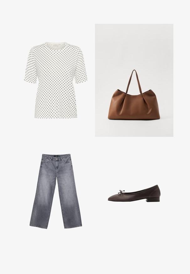Bela majica s kratkimi rokavi in okroglim izrezom, ki ima vzorec majhnih črnih pik. Mehka tkanina z udobnim krojem.; Široke sivo-denim jeans hlače z izbledelim zaključkom, zapiranje na gumb in dizajn s petimi žepi. Imajo dvojno šivanje in srebrne dodatke.; Rjave usnjene balerinke z zaobljenim nosom in majhnim blokastim peto. Opremljene so z tanko pentljo spredaj in subtilnimi šivi.; Rjava usnjena torba tote z mehko, ukrivljeno zasnovo, ki se ponaša z gubano teksturo in dvema trdnima ročajema. Minimalistični šivi kot poudarjanje.