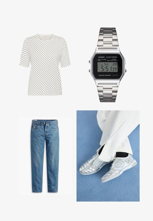 Valkoinen lyhythihainen t-paita pyöreällä kaula-aukolla, jossa on pieniä mustia pisteitä koko pinnalla. Pehmeä kangas, jossa on rento istuvuus.; Siniset farkut suoralla lahkeella, joissa on vetoketjukiinnitys, kaksi etutaskua ja hienovarainen haalistuminen kankaassa.; Hopeiset urheilukengät sileällä, kiiltävällä pinnalla, joissa on ommeltu kuvio ja numero 90 sivussa, yhdistettynä valkoisiin housuihin.; Digitaalinen Casio-kello, jossa on musta kellotaulu, hopeinen ruostumattomasta teräksestä valmistettu ranneke, suorakaiteen muotoinen kotelo sekä napit valoa, kierros-nollaus- ja tilan säätöä varten.