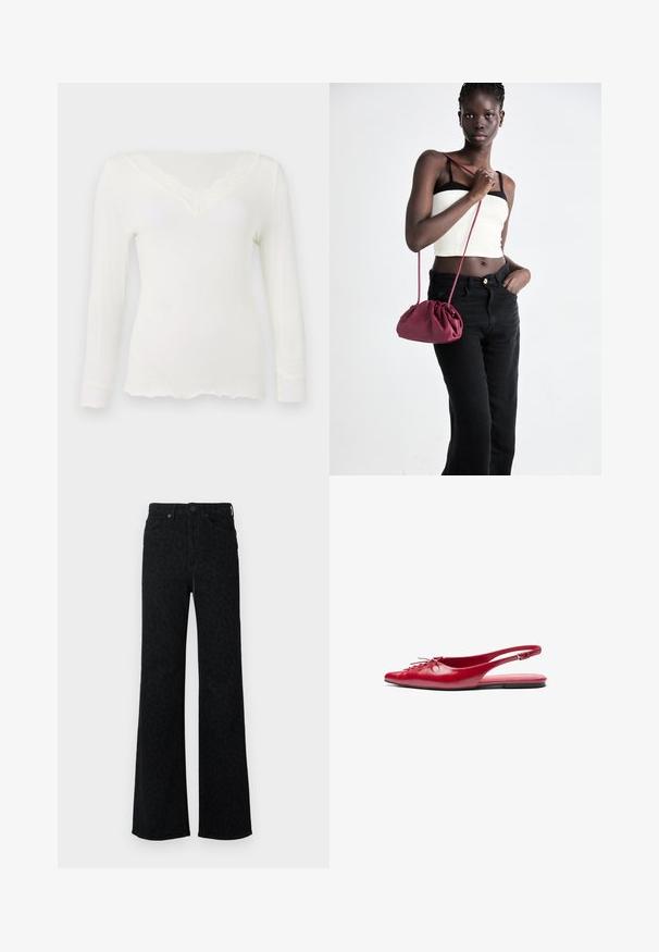 Witte blouse met lange mouwen en kanten rand bij de V-hals en manchetten, met een zachte, aansluitende snit en een gegolfde zoom.; Zwarte hoge taillejeans met subtiel luipaardpatroon, rechte wijde pijpen, knoop aan de voorkant en zakken.; Rode leren slingback platte schoen met een puntige neus en een decoratieve vetersluiting aan de voorkant, voorzien van een slanke enkelband en een platte zool.; Bordeaux zachte stoffen handtas met een geplooid ontwerp en een lange schouderband, crossbody gedragen. Model draagt een witte crop top en zwarte jeans.