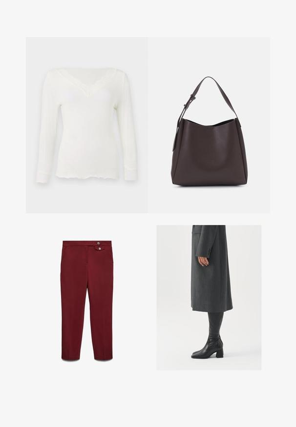 Hvid langærmet skjorte med blondertrim ved V-halsen og manchetterne, der har en blød, tætsiddende silhuet og bølget kant.; Smal passform burgundy bukser med sidelommer og en dobbeltknaplukning i taljen, lavet af glat stof.; Grå, skræddersyet frakke med lige snit; parret med knæhøje sorte læderstøvler med firkantet tå og kraftig hæl.; Vero Moda VMLANE - Shopping bags - chocolate torte