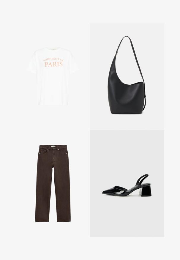 White cotton t-shirt with short sleeves, featuring the text "MIDNIGHT IN PARIS" in peach color, centered in a curved design.; Brown wide-leg jeans made from denim, featuring a classic five-pocket design, button closure, and subtle stitching details.; Black patent leather slingback heels with a pointed toe and a geometric block heel. Features a sleek, minimal design and smooth texture.; Black leather hobo bag with a smooth texture, curved shape, and single adjustable strap; features a wide opening at the top.