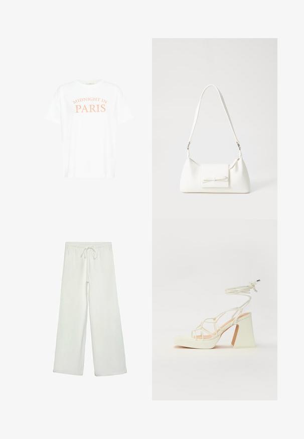 Weißes Baumwoll-T-Shirt mit kurzen Ärmeln, das den Text "MIDNIGHT IN PARIS" in Pfirsichfarbe zeigt, zentriert in einem gebogenen Design.; Weiße, weit geschnittene Hose aus weichem Stoff. Mit einem elastischen Bund und einem Kordelzug sowie einer glatten Oberfläche. Keine sichtbaren Muster oder Hardware.; Weiße High-Heel-Sandale mit einem klobigen Absatz, die über ein Riemchendesign und ein Knöchelband verfügt. Glatte Textur mit einer Plattform vorne für zusätzliche Höhe.; Weiße synthetische Handtasche in dreieckiger Form, flache Vorderklappe und Schleifendetail, verstellbarer Trageriemen, glatte Textur und minimalistisches Design.