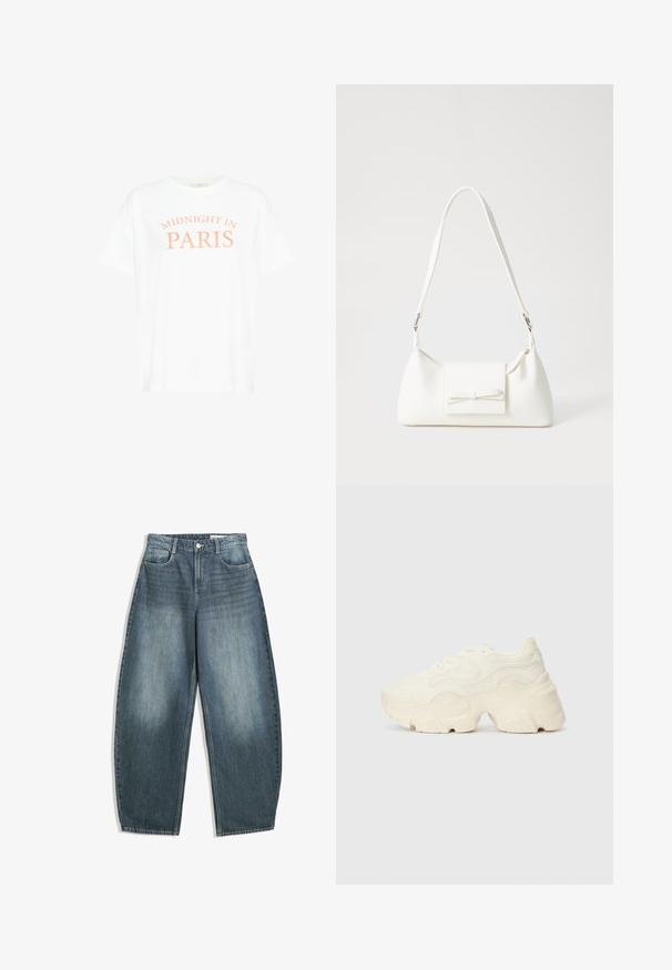 Fehér pamut póló rövid ujjakkal, középen ívelt formában "MIDNIGHT IN PARIS" felirattal, barack színben.; Világoskék farmer széles lábú nadrág, magas derékkal, öt zsebbel, finom elhalványodással és varrásmintákkal a varrások mentén.; Tömbös fehér sneakers, amely texturált hálóból és szintetikus anyagokból készült, vastag talppal és bonyolult mintázattal az oldalakon.; Fehér szintetikus kézitáska, háromszög alakú, lapos előlap, masni részlettel, állítható pánttal, sima textúrával és minimalista dizájnnal.