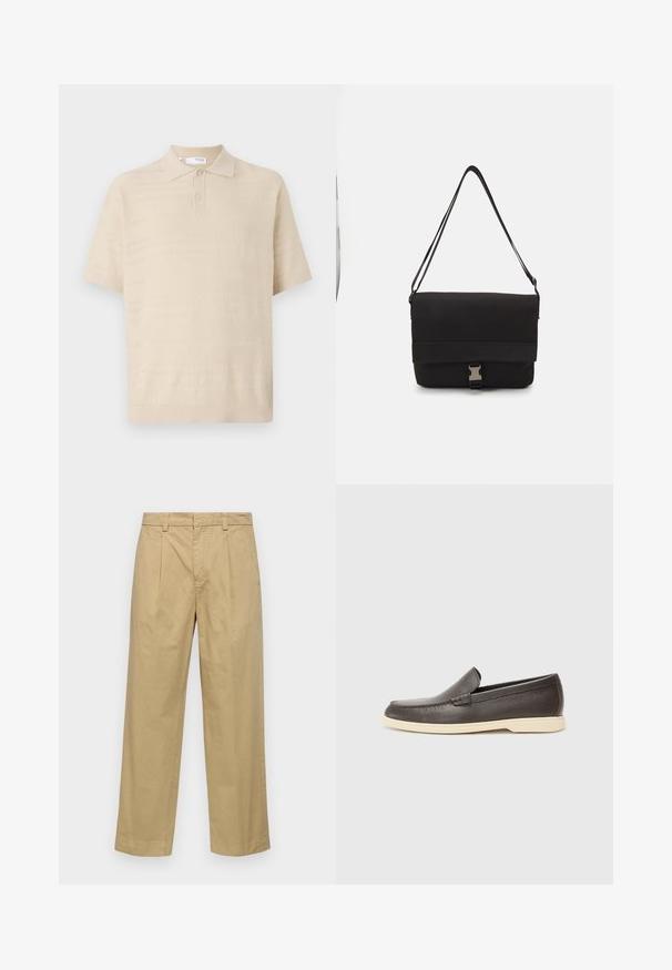 Beige kötött pólóing, gallérral, rövid ujjal és texturált vízszintes mintázatokkal. Két gomb a nyaknál. Puha anyag.; Beige színű, egyenes szárú pamut nadrág, elülső redőkkel és oldalsó zsebekkel. Az anyag sima, puha tapintású.; Barna bőrből készült, slip-on stílusú cipők, amelyek texturált felülettel és ellentétes világos bézs talppal rendelkeznek, lekerekített orral és minimális varrási részletekkel.; Fekete üzenetküldő táska sima anyagból, hajtókás fedéllel, ezüst csattal és állítható vállpánttal.