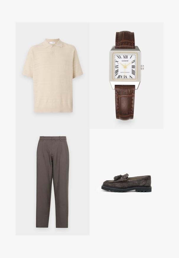 Beige neulepolo, jossa on kaulus, lyhyet hihat ja teksturoidut vaakasuorat kuviot. Kaksi nappia kaula-aukossa. Pehmeä materiaali.; Jack & Jones JPSTBILL JJDAYTONA WIDE - Housut - pavement; Tummanharmaat mokkanahkakengät, joissa on etuosan tupsuaksentti, litteä kumipohja ja kontrastiväriset ompeluyksityiskohdat reunoilla.; Casio suorakulmainen kello, jossa on valkoinen kasvot, kultaiset yksityiskohdat, roomalaiset numerot ja ruskea krokotiilin nahkainen hihna. Vesitiivis muotoilu.