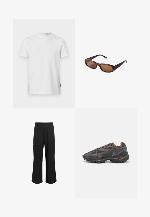 Valge lühikeste varrukate ja puuvillane T-särk. Omab ümmargust kaelust ja sirget lõiget, vasakul allservas on väike silt.; Mustad mustad püksid kergest kangast, millel on lõdva istuvuse, kaks suurt küljetaskut ja nup closure.; Tumed hallid Lacoste tossud, mis on valmistatud võrkkangast ja sünteetilisest materjalist, omavad tekstureeritud talla ning pruune aktsente kaeluse ja brändingu juures.; Pruun tortoise pinnaga prillid, ristkülikukujuliste läätsedega, sujuva profiiliga ja kõverate kätega. Läätsedes on pruun varjund ja raam on valmistatud plastikust.