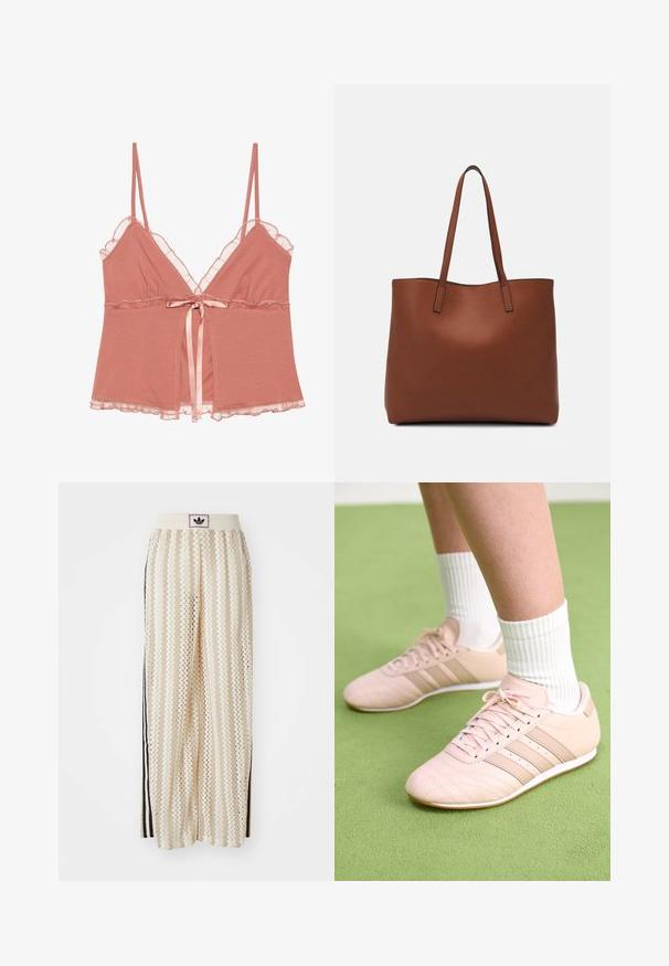Støvet rosa top med blonder, justerbare spaghetti-stropper, og et satengbånd i midjen. Mykt stoff med en flytende design.; Kremfargede bukser med brede ben og zigzag-mønster, med en svart logo-linning og svarte striper på siden. Lett, teksturert stoff.; Lys rosa treningssko med skrå sømmer, hvite såler og tre laterale striper. Brukt med rillede hvite sokker på grønn overflate.; Brun lær tote veske med en jevn tekstur, åpen toppdesign og to skulderstropper. Har minimal søm og ingen synlige spiker.