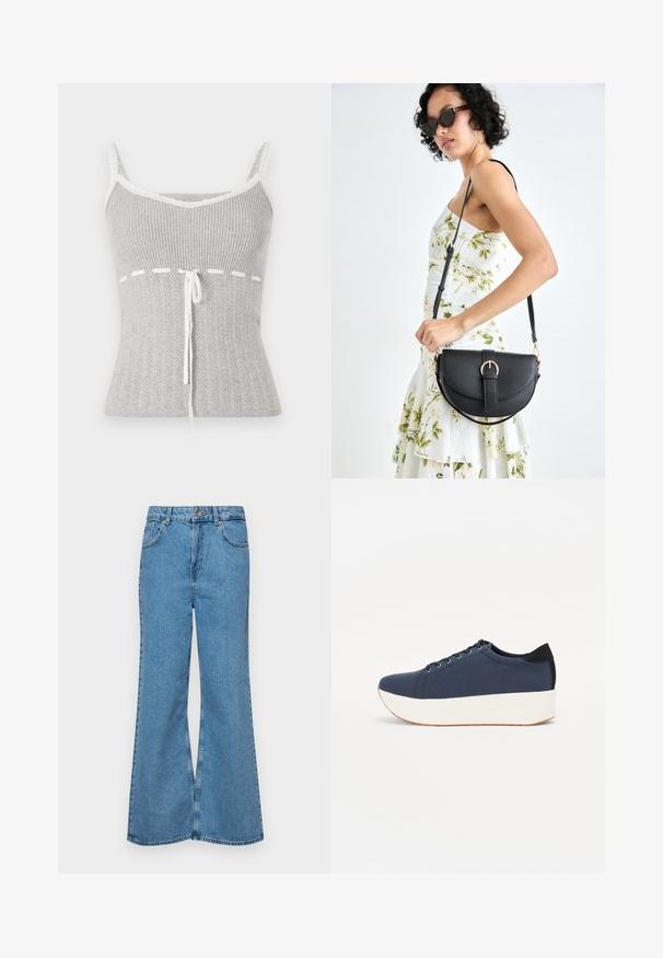 Szürke bordázott ujjatlan felső csipke díszítéssel, V-kivágással, deréknál megkötő részlettel, amelynek textúrája kötött mintára hasonlít.; Világoskék, trapézszárú farmernadrág, magas derékkal, öt zsebbel és egy gombos záródással. Puha tapintású, magasított effektusú anyag.; Sötétkék sportcipő, texturált szövet felsőrész, fehér platform talp, lekerekített orr és fekete sarok akcentussal. Hat fűzőlyuk található rajta.; Fekete bőrtáska ívelt formával, levehető pánttal és arany színű fémrészekkel. A táskán egy csattal díszített fedél található.