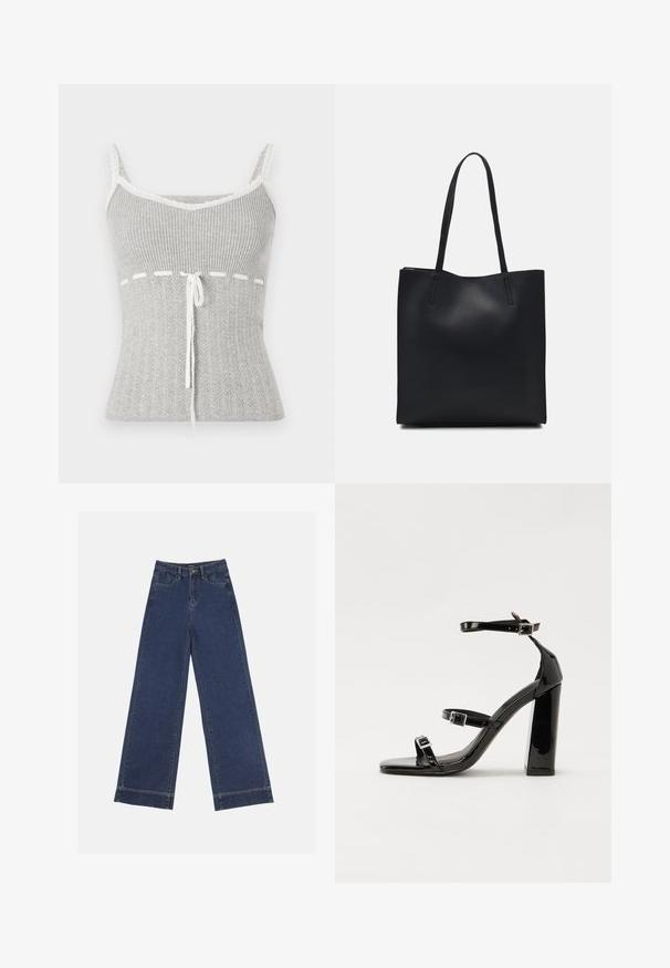 Gray ribbed tank top with thin straps, featuring white lace trim, a drawstring at the waist, and a textured pattern on the fabric.; Wide-leg jeans in dark blue denim. Features five pockets, belt loops, and a raw hem at the bottom with visible stitching details.; Black patent high-heeled sandals with two buckle straps, square toe, and a chunky block heel, featuring a smooth, glossy texture.; Black leather tote bag with smooth texture, rectangular shape, and two long handles. No visible hardware or embellishments.
