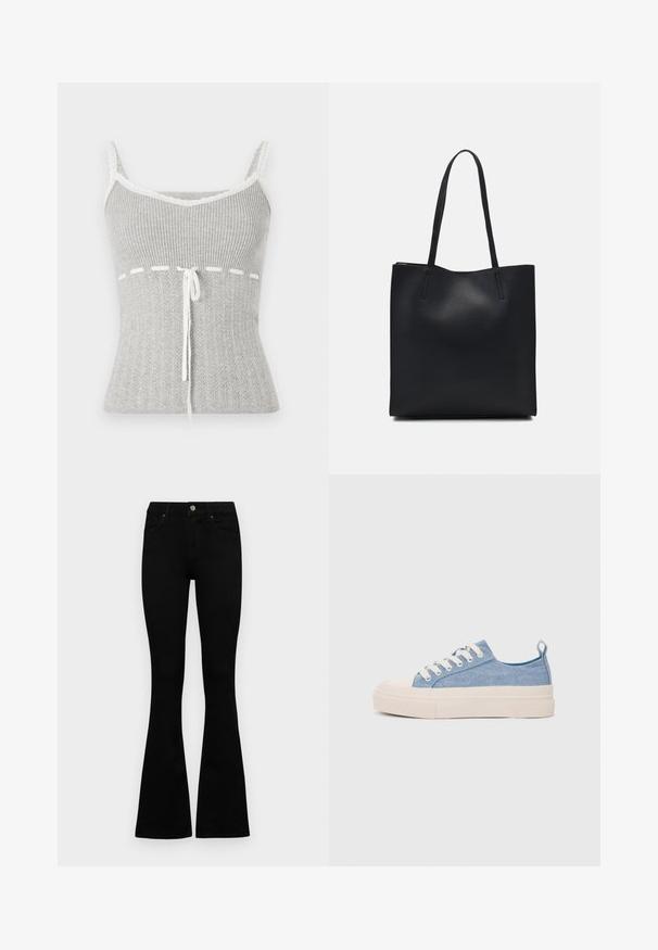 Gray ribbed tank top with lace trim, featuring a v-neckline, tie detail at the waist, and a texture resembling a knitted pattern.; Black high-waist jeans with a button and zip closure, front pockets, and flared legs laid flat on a white background.; Light blue canvas sneakers with a cream rubber toe cap and outsole, featuring white laces and a pull tab on the heel.; Black leather tote bag with smooth texture, rectangular shape, and two long handles. No visible hardware or embellishments.