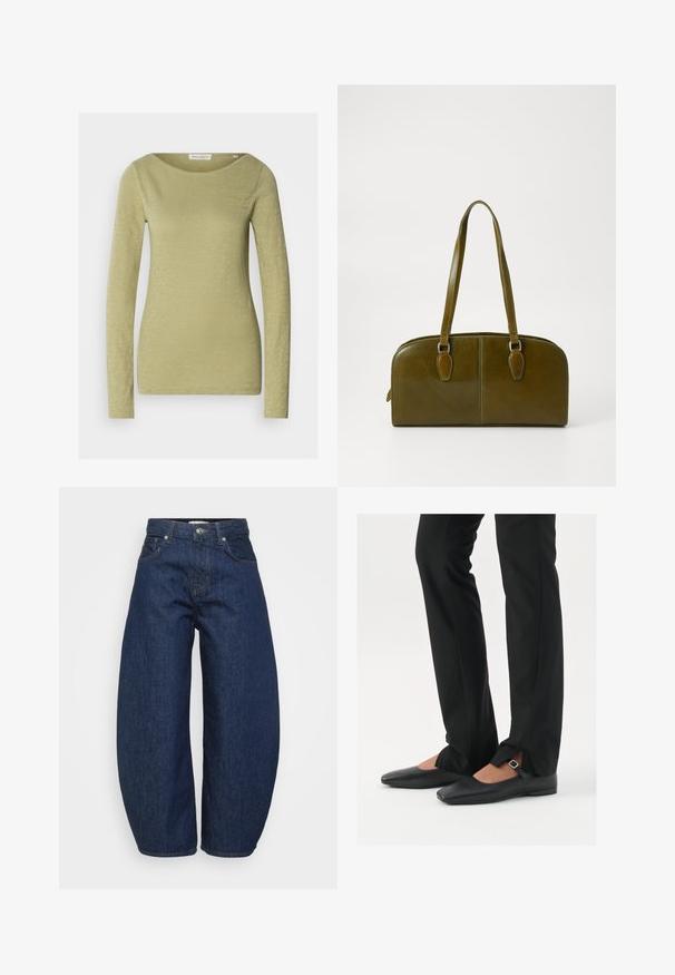 Ilgoi rankoviai marškiniai šviesiai alyvų žalios spalvos, pagaminti iš minkštos, tekstūruotos medžiagos. Turi platų apykaklę ir prigludusią siluetą.; Aukštai juosmens tamsiai mėlynos džinsinės kelnės su plačiomis kojomis, priekyje esančiu mygtuku ir užtrauktuku, bei klasikine penkių kišenių išvaizda.; Juodų odinių balerinų batų su smailiu priekiu, juostele su sidabro sagtimi, derinami su juodomis pritaikytomis kelnėmis, turinčiomis plyšinį hemą.; Alyvuogių žalio odinio rankinės, su išlenkta forma, dviem rankenomis ir vientisu priekiniu paviršiumi. Pasižymi lygiu paviršiumi ir subtiliomis siuvimo detalėmis.; Sidabrinė lankinė auskarai su poliruotu paviršiumi, turintys mažus auksinius akcentus ir apvalią formą, dėvimi ant ausies kaušelio.