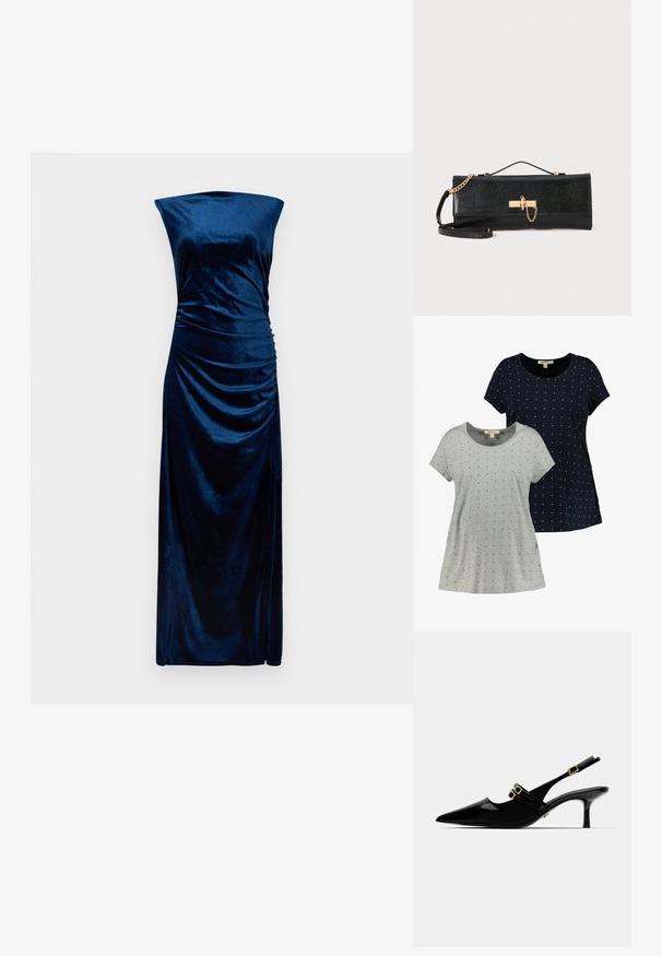 Twee t-shirts met korte mouwen, één grijs en één marineblauw, beide met kleine witte stippenpatronen, gemaakt van zachte katoenen stof met een ronde halslijn.; Mouwloze, vloerlange marineblauwe fluwelen jurk met een rechte halslijn en gerimpeld detail aan de rechterzijde.; Zwarte lakleren slingback hakken met een spitse neus, voorzien van dubbele gouden gespsluitingen en een slanke stilettoklomp.; Zwarte clutch tas met een textuurafwerking, gouden kettingband en een sluiting met klapsluiting. Rechteckige vorm met een slank, minimalistisch ontwerp.