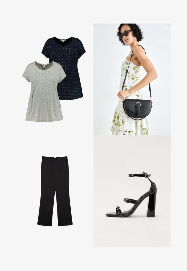 Kaksi lyhythihaista t-paitaa, yksi harmaa ja yksi laivastonsininen, molemmat pienillä valkoisilla pistekuvioilla, valmistettu pehmeästä puuvillakankaasta, jossa on pyöreä kaula-aukko.; Mustat housut suoralinjaisella leikkauksella, joissa on etutaskut ja sivurei'ät helman alla. Valmistettu pehmeästä ja sileästä kankaasta. Sopii eri tilaisuuksiin.; Musta kiiltävä korkokenkä sandaalit neliönmuotoisella varpaalla, nilkkaremmillä ja hopeisilla soljilla. Varustettu tukevalla lohkokorkealla vakauden takaamiseksi.; Musta nahkainen käsilaukku, joka on kaareva muotoilultaan, irrotettavalla hihnalla ja kultaisilla yksityiskohdilla. Laukussa on läppä, jossa on solk yksityiskohta.