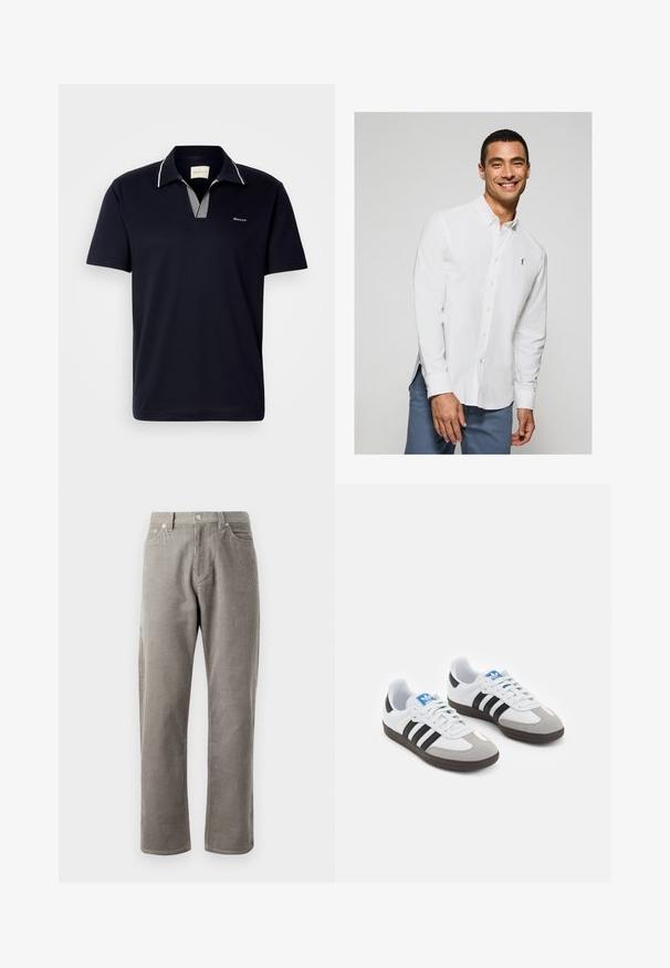 Granatowa koszulka polo z krótkim rękawem, wykonana z bawełny, z paskowanym kołnierzykiem i dekoltem w szpic, posiada małe logo na piersi.; Biała koszula z długim rękawem z guzikami, z małym logo na klatce piersiowej, w połączeniu z jasnoniebieskimi spodniami. Gładka tkanina z klasycznym kołnierzykiem.; Szare spodnie z korduroju o prostym kroju nogawek, z wysokim stanem, kieszeniami z przodu i subtelną, pionową teksturą prążkowaną.; Buty sportowe z białą skórzaną cholewką, szarym zamszowym noskiem i trzema czarnymi paskami. Posiadają niebieskie logo na języku oraz teksturowaną gumową podeszwę.