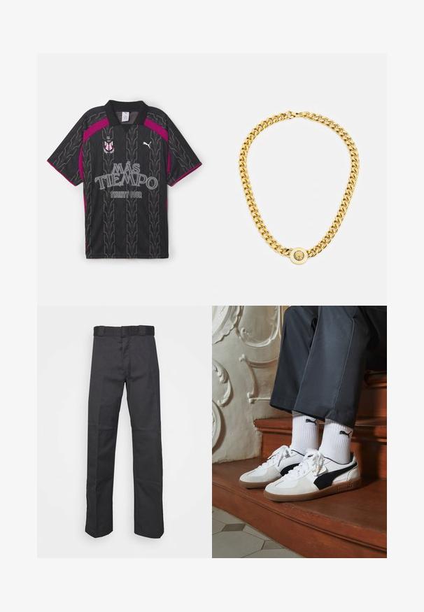 Puma X MÁS TIEMPO TWENTY FOUR FOOTBALL  - Sporta krekli - black; Melnas bikses, izgatavotas no izturīga auduma, ar taisnu kāju dizainu, jostu ar cilpiņām un šuvēm papildu tekstūrai.; Puma kedas baltā un melnā zamšā, ar brūnu gumijas zoli. Pāris ar baltām zeķēm, kurās redzams melns logo, nēsātas ar tumšām biksēm.; Zelta ķēdes kaklarota ar lielām savstarpēji savienotām saitēm, centrā ar apaļu piekari, kurā ir izcelts emblema.