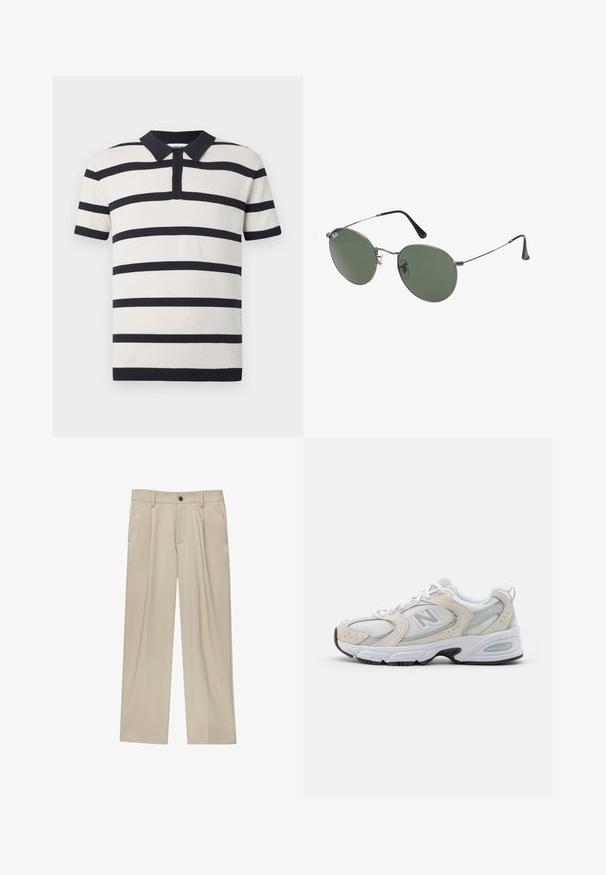 Polo majica kratkih rukava u krem boji s mornarsko plavim horizontalnim prugama. Ima ovratnik, dva gumba i teksturiranu tkaninu.; Bež hlače ravnog kroja s jednim crnim gumbom, petljama za remen i bočnim džepovima. Glatka tekstura tkanine i minimalistički dizajn.; Atletska obuća s gornjim dijelom od svijetlosivog mrežastog materijala s nijansama antilopa, bijelim vezicama i crnom gumenom potplatom. Značajna ABZORB amortizacija.; Naočale s metalnim okvirom i ovalnim zelenim staklima. Tanka srebrna metalna konstrukcija i crni silikonski jastučići za uši. Minimalistički dizajn, bez vidljivih logotipa.