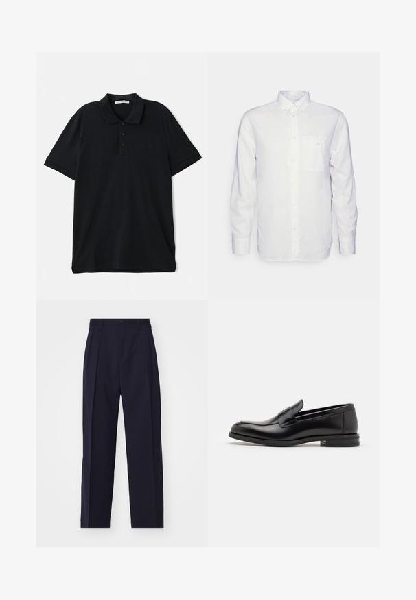 Čierna polo košeľa vyrobená z bavlny, s klasickým golierom, trojkoľkovou légou, krátkymi rukávmi a diskrétnym logom vpredu.; Biela košeľa s dlhými rukávmi vyrobená z bavlny, s golierom na gombíky, prednou vreckom a klasickým strihom. Textúrovaná látka so hladkým povrchom.; Námořnické modré, tailored nohavice s rovnými nohavicami, záhyby vpredu, zapínanie na gombík a bez viditeľných vreciek. Hladký textilný povrch.; Čierne kožené mokasíny s hladkou textúrou, zaoblenou špičkou a dekoračným pásikom cez priehlavok. Nízky vrstvený opätok, minimalistický dizajn.