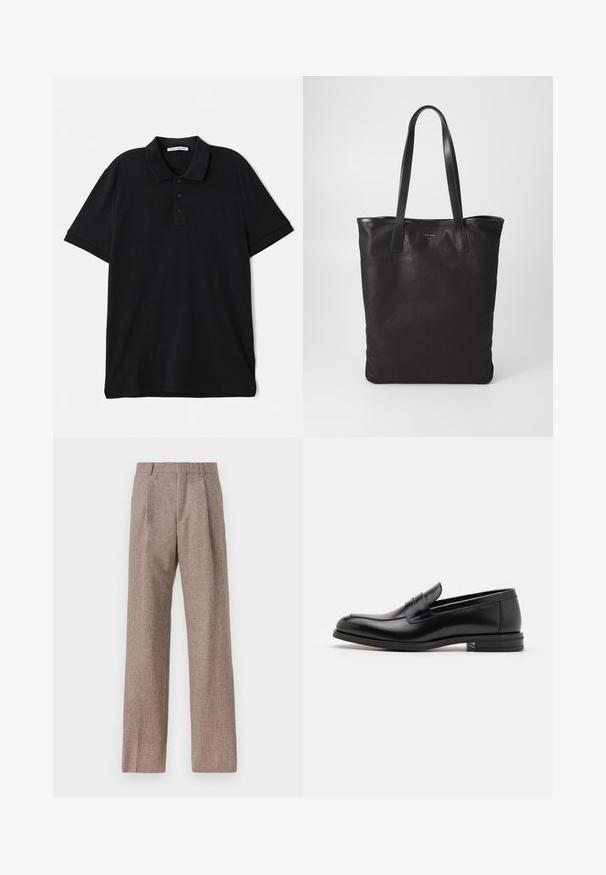 Juodas polo marškinėliai, pagaminti iš medvilnės, su klasikinio stiliaus apykakle, trimis mygtukais, trumpomis rankovėmis ir subtiliu logotipo elementu priekyje.; Šviesiai mėlyna ilgarankovė marškiniai su smailiu apykakle, juodais mygtukais ir unikaliu išpjovimu priekyje, kuri suteikia išskirtinį dizainą.; Rudos, aukšto liemens kelnes, pagamintas iš tekstūruotos medžiagos. Plati kojos, dvi priekinės klostės struktūrai. Tvarkingas apdailos darbai, be matomų detalių.; Juodos odinės loafers, turinčios lygų paviršių, apvalią noselę ir dekoratyvinę juostą per priekinę dalį. Žemas krentantis kulnas, minimalistinis dizainas.; Juodas drobės pirkinių maišelis su juodais odiniais rankenomis. Paprastas dizainas, erdvus kūnas ir lygus paviršius. Nėra matomų logotipų ar raštų.