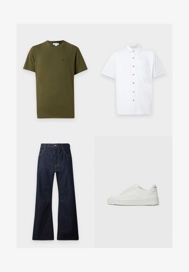 Olive roheline puuvillane T-särk, millel on ümar kaelus ja lühikesed varrukad. Vasakul rinnaalal on väike must embleem. Üksne tekstuur.; Valge lühikeste varrukatega linane särk, millel on nööbiga eesmine kinnitamine, rinnaeide tasku ja puidust nööbid aksessuaaridena.; Tumedat sinised denim flared teksad kollaste õmblustega, viie taskuga ja lukuga lõpus. Omab horisontaalseid õmblusi põlvede kohal.; Valge nahast tennis, millel on sile põhi, ümar varvas, lamedad nöörid ja tekstuuriline tall. Sisaldab diskreetset logo kontsaribal.