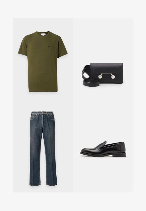 Camiseta de algodón verde oliva con cuello redondo y mangas cortas. Presenta un pequeño emblema negro en el área del pecho izquierdo. Textura lisa.; Vaqueros de mezclilla de pierna recta en azul oscuro con botón frontal, cremallera, dobles bolsillos frontales y pliegues verticales visibles a lo largo de las piernas.; Mocasines de cuero negro con una textura suave, puntera redondeada y una tira decorativa en el empeine. Tacón bajo apilado, diseño minimalista.; Bolso cruzado de cuero negro con cierre de solapa, herrajes en tono plata y dos acentos redondos. Cuenta con una correa desmontable. Textura suave.