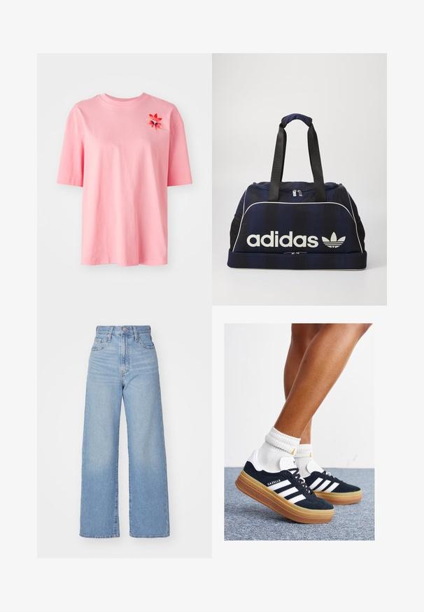 Rosa bomull T-skjorte med korte ermer, rund hals og blomstermønster broderi på venstre bryst. Myk tekstur, løs passform.; Lys blå høytlivs vide jeans med knapp- og glidelås lukking foran, foran og bak lommer, på en hvit bakgrunn.; Svarte sneakers i semsket skinn med hvite striper og detaljer, rund tå, yttersåle i gummigummi, kombinert med hvite ribbestrikkede crew-sokker.; Marine duffelveske med hvitt Adidas-logo, med glidelås i toppen, to solide svarte håndtak og sidelommer i mesh. Glatt stoffstruktur.