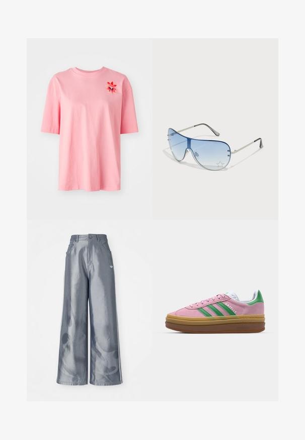 Rožinė medvilninė marškinėliai trumpomis rankovėmis, apvaliu iškirpimu ir gėlių siuvinėjimu kairėje krūtinės pusėje. Minkšta tekstūra, laisvas kirpimas.; Plačios kelnės iš blizgaus pilko medžiagos, su baltomis šoninėmis juostelėmis ir liepsnos raštu apatinėje dalyje. Mygtuko ir užtrauktuko uždarymas juosmens srityje.; Rožinės zomšinės sportbačiai su žaliomis juostelėmis, baltais akcentais ir ruda guma. Yra tekstūruota medžiaga ir logo detalės ant šono.; Aviatoriai akiniai su gradientiniais mėlynais objektyvais, sidabriniu metaliniu rėmu ir dekoratyvinėmis žvaigždžių akcentais ant objektyvų. Lygaus ir stilingo dizaino.