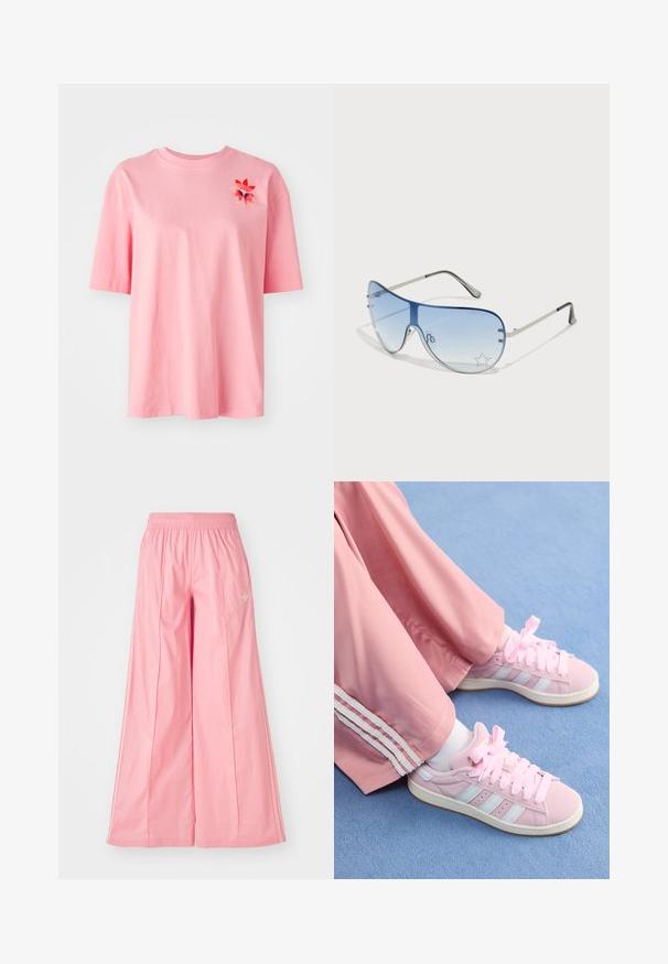 Camiseta de algodão rosa com mangas curtas, decote redondo e detalhe de bordado floral no lado esquerdo do peito. Textura suave, ajuste solto.; Calças largas rosas feitas de tecido leve, com um cós elástico e riscas brancas discretas dos lados. Pequeno logotipo na frente.; Tênis de desporto rosa com riscas azul claro, bico redondo e atacadores grossos rosa, combinados com calças de pista rosa com riscas laterais brancas.; Óculos de sol aviador com lentes azuis em degradê, armação metálica prateada e detalhes decorativos de estrelas nas lentes. Design suave e elegante.
