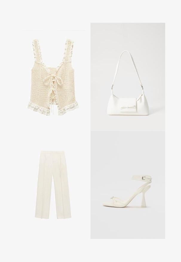 Virkkaustoppi vaaleassa valkoisessa, jossa on pitsireunus, V-pääntie ja etusite. Materiaali on teksturoitu avoimella verkkomallella.; Valkoiset leveälahkeiset housut vaaleassa kermassa. Valmistettu sileästä kankaasta, jossa on laskokset edessä ja sivutaskut.; Valkoinen nahkainen strappisaapas, jossa on virtaviivainen muotoilu, läpinäkyvä lohko-osa ja koristeellinen elementti varpaassa.; Valkoinen synteettinen käsilaukku, jossa on kolmikulmainen muoto, tasainen etu läppä ja nauhadetail, säädettävä olkahihna, sileä rakenne ja minimalinen muotoilu.