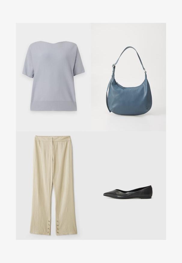 Lys grå kortærmet top, strikstof, V-hals design, afslappet pasform, med en subtil ribstrikket struktur ved kanten og manchetterne.; Beige brede bukser i et struktureret stof. Har en flad talje og fem knapper ved kanten til lukning. Foldet design.; Sorte læder balletlejersko med spids tå, lav hæl og glat overflade. Minimalistisk design med en diskret sideaccent.; Blå læderhåndtaske med en rundt form, enkelt skulderstrop, lynlås lukning og præget brandnavn på fronten. Glat tekstur.